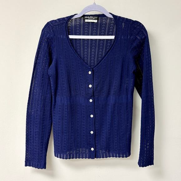 Salvatore Ferragamo Long Sleeve V-Neck Cardigan Sweater Navy Blue